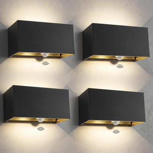 Kingwen Wandleuchte außen mit Bewegungsmelder,Schwarz,4er Set,20W,3000K | 4 schwarze LED-Wandleuchten,je 2000lm,IP65 Aluminium,Dämmerungssensor,0–120° Lichtkegel;für Eingang,Hauswand,Wege