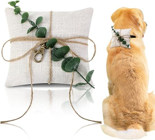 Yunlly Ringkissen für Hunde, mit Ringverschluss, 12,7 x 12,7 cm, weißes Hochzeitsringkissen mit grünem Haustierzubehör