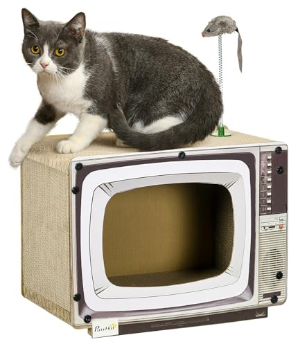 PawHut Rascador de Cartón para Gatos Tablero para Rascar en Forma de Televisor con Ratón de Juguete Centro de Actividades para Mascotas 43x23x32,5 cm Arena