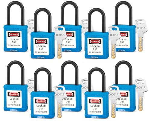 Juego de candados aislados, paquete de 10, grillete de nailon, cilindro de aleación de zinc, llave diferente, 2 llaves por candado de seguridad, para áreas conductoras (BD-G13KA-10PCS-azul, llave