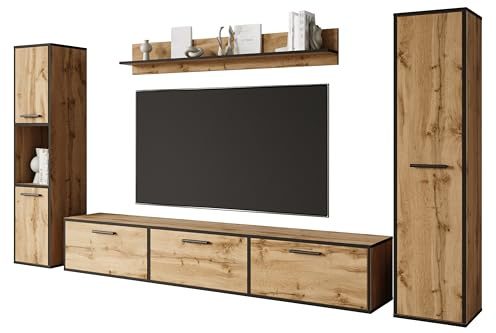 MINIO - Parete Attrezzata Soggiorno 4 Pezzi Toga, Mobili Soggiorno, 1x Mobile TV, 2x Mobile Alto, 1x Mensola da Muro, Mobile Soggiorno Completo - Colore Rovere Wotan/Nero