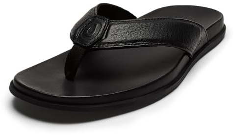 OluKai Olali Men's Leather Sandals, Versatile & Comfortable Flip Flops, Soft & Durable Material, Arch Support & All-Day Wear, Black/Black, 10