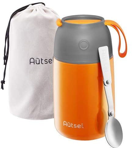 Autsel Food Flask for Cold/Hot Food, 700ml Thermal Soup Flask, Insulated Food Container, Stainless Steel Food Jar with Folding Spoon - Keep 12h Cold & Hot
