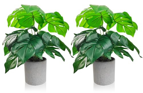 PEAKTOP Lot de 2 plantes artificielles décoratives de 42 cm de haut, plantes artificielles pour l'intérieur, plantes artificielles en pot, plante en plastique avec pot gris pour la maison, le bureau,