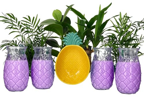 MamboCat 5tlg Party-Set Pina I 4X Gläser 400ml mit 1x Ananas-Schale 200 ml I für 4 Personen I klares Cocktailglas und buntes Schälchen mit Ananas-Relief im Sommer