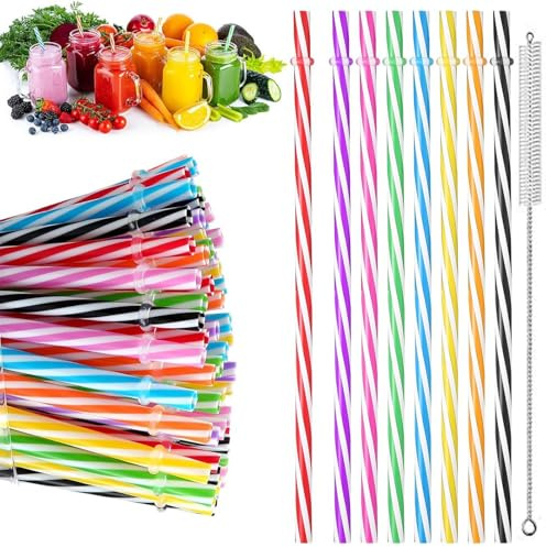 VIDSTW 100 Stück Wiederverwendbare Strohhalme mit Strohhalmbürste Strohhalme Plastik Trinkhalme Farbe Streifen Kalte und Heiße Getränke Plastikstrohhalme für Smoothies Säfte Getränke Milchtee