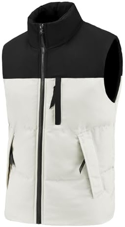 Gefomuofe Men's Quilted Vest Windproof Body Warmer Winter Vest Stand-Up Collar Outdoor Jacket with Zippers Water-Repellent Sleeveless Outdoor Jacket for Men Running Golf Hiking Riding, White, L