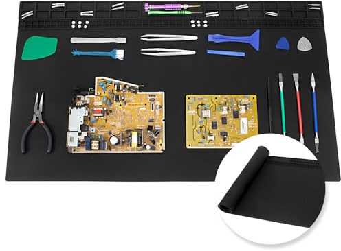 Très grand Tapis de soudure 70cm x 40cm surdimensionné 932°F tapis de travail en Silicone résistant à la chaleur, grand tapis de réparation pour l’électronique téléphone portable réparation (Noir)