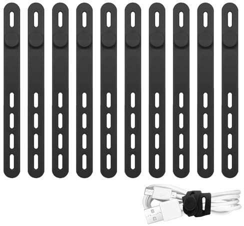 10Pack Reusable Cable Ties, Cord Organizer, Cable Tie Holder, Adjustable Wire Organiser for Earphone Phone Charger Mouse Cables in Home Office Table Desk (Black)
