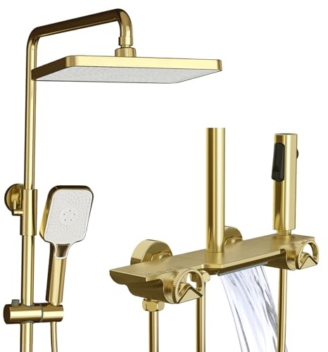 Duschsystem Gold Duscharmatur Komplettset 4 Funktionen Wandmontage Duschset Regendusche Set Messing Duschgarnitur mit Regendusche, Wanneneinlauf Wasserfall, Bidet Handbrause (Gold)
