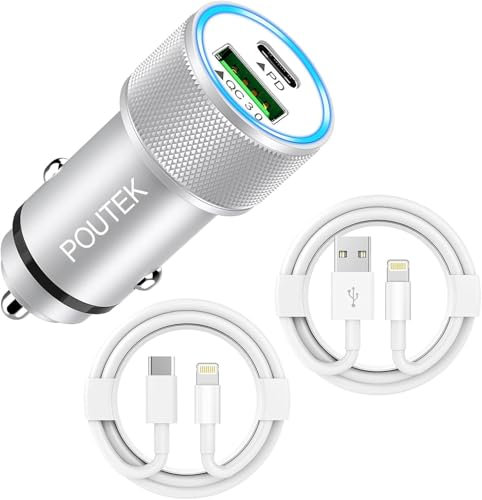 Zigarettenanzünder USB C Autoladegerät mit 2x iPhone Ladekabel Auto[MFi Zertifiziert], 38W PD&QC iPhone Kfz Ladegerät Handy Auto Ladegerät USB Zigarettenanzünder Adapter für iPhone 14 13 12 11 Pro Max
