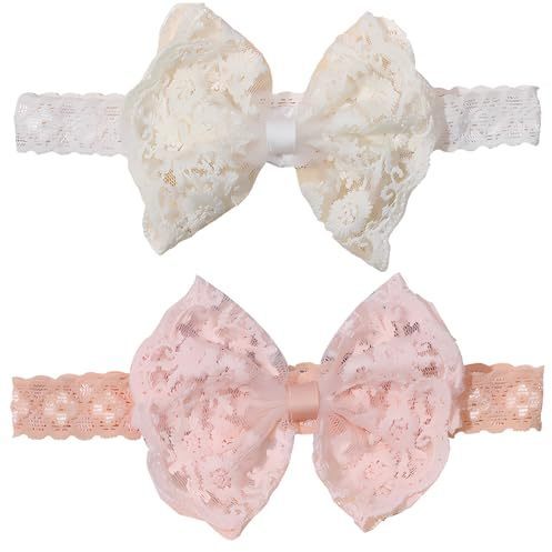 Fascia Neonato con Pizzo Farfalla (2pz), Cerchietto Bambina Bianco Elastico, Ghirlanda Fiori Capelli Bimbi Nylon Regalo Neonato Accessorio