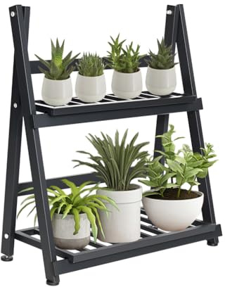 Hershii Foldable Plant Stand 2 Tier Metal Flower Pot Display Ladder Shelf | Indoor Outdoor Herb Holder Rack Bookshelf Corner Storage Shelves for Garden Balcony Living Room, 53 x 23 x 57.5cm, Black