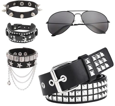 5 Stück Punk Rock Gürtel Zubehör Damen und Herren mit Doppelloch Gürtel Leder Armband Nietenarmband Sonnenbrille Emo Accessoires für Halloween Karneval Party Cosplay Grunge