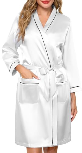 Sopesil Accappatoio Donna in Raso Kimono Corto da Donna Vestaglia Sposa con Scollo a V e Tasche Laterali Abito Camicia da Notte Festa Matrimonio Bianco XL