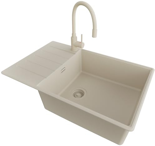 PRIMAGRAN Lavandino da Cucina Beige 78x50cm, Lavello in Granito a 1 vasca + Rubinetto 38x14cm + Sifone Classico, Lavabo Incasso al mobile 60cm - Copenhagen
