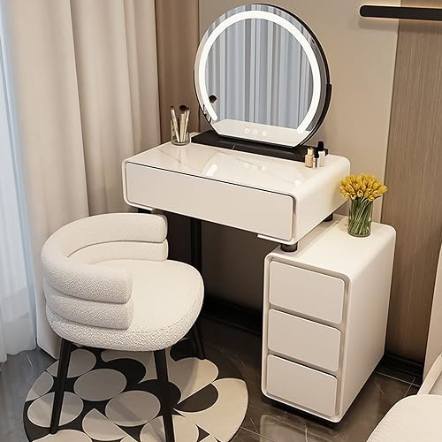 Sminkbordsset med justerbar 3 färger ljusspegel 45 lådor förvaring vadderad stol enkel montering elegant vit design 60 cm (23,6 tum) storlek