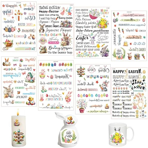 HhBdy 8 Stück Rub on Sticker, Rub on Ostern 21 × 14,8 cm Oster Aufkleber Mehrere Muster Aufkleber Ostern Wasserfest Oster Sticker DIY Wasserschiebefolie für Kerzen Glas Fotoalbum Dekorationen (Stil 2)