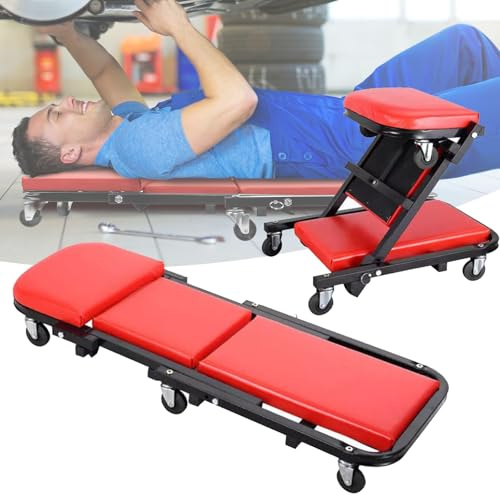 2-in-1 Montagerollbrett bis 150kg Klappbar Rollbrett für Auto Reparatur mit Sitzfunktion, 6 Rollen 360° mit Bremse, Werkstatt Rollbrett für Hobbyschrauber, Ölwechsel & Unterbodenschutz, Garage Zubehör