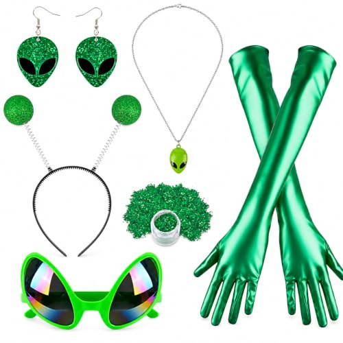 Nerien Alien Kostüm Set für Damen - 7 Stück Weltraum Alienkostüm Erwachsene, Frauen Ausserirdische Kostume mit Haarreif Alienbrille Ohrringe Handschuhe Halskette Glitzer