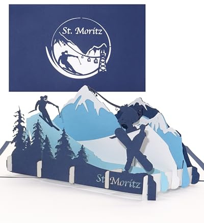 Grußkarte St. Moritz - 3D Karte als Souvenir, Geburtstagskarte, Reisegutschein & Einladungskarte zum Skiurlaub in der Schweiz - Pop Up Karte Ski & Snowboard