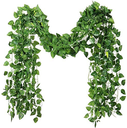 Seenew Artificial Ivy Garland, 12 Pack 84 Feet Fake Ivy Hanging Vines, Green Leaves Fake Plants for Wedding, Party, Garden, Office, Bedroom Decoration(Scindapsus Leaves)