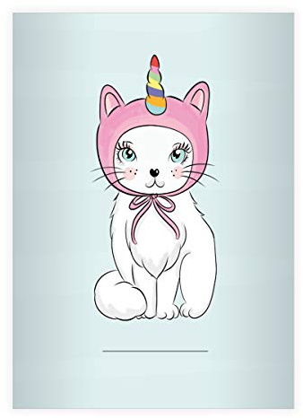 Kartenkaufrausch 4 süße Katzen DIN A4 Schulhefte, Schreibhefte mit Einhorn Kätzchen, hellblau Lineatur 20 (blanko Heft 16 Blatt/32 Seiten) Notizheft, Kladde für Schule, Universität, Büro