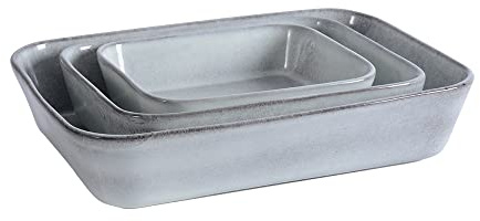 ProCook Stoneware Oven Dish - 3 Piece, 21 x 17cm, 27 x 21cm, 35 x 25cm, Durable Oven to Table Serving Dishes - Reactive Grey, Cookware Set - Dishwasher & Microwave Safe