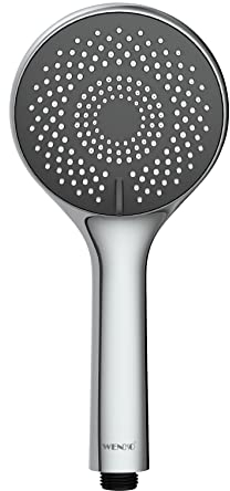 Wenko Soffione doccia risparmio acqua, Ø 11 cm - Doccetta universale, soffione doccia con sistema per risparmio idrico e 5 tipi di getto, ABS, 11 x 11 cm, Cromo/Bianco/Grigio
