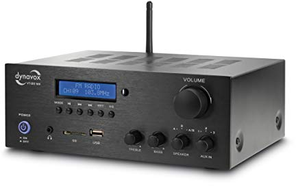 Dynavox VT-80 MK amplificatore stereo compatto, 4 terminali di altoparlanti a vite, telecomando per ingressi digitali (USB, scheda SD), antenna BT integrata e radio FM, nero
