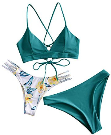 ZAFUL Damen Bikini-Set 3 Pieces mit Blumenmuster gepolstegrte Push-Up BH mit Flechtgurt Cami Triangel Cheeky Badeanzug Bademode (3-Grün,S)