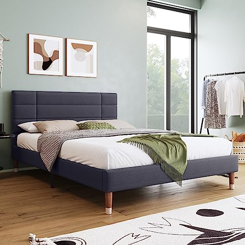Merax Polsterbett, Doppelbett mit Bettkasten&Lattenrost, 140x200cm geopolsteres Bettgestell mit Kopfteil, in Dunkelgrau Leinen, für Erwachsene&Jugendliche, Dunkelgrau(Matratze Nicht enthalten)