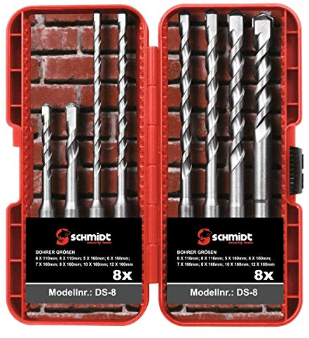 SCHMIDT security tools SDS-Plus Bohrer-Set - 8-teilig – Beton, Stein, Ziegel - SDS-plus Bohrhammer - Bohrersatz - Schlagbohrmaschine - Hammerbohrer - Bohrmaschine - Durchbruchbohrer