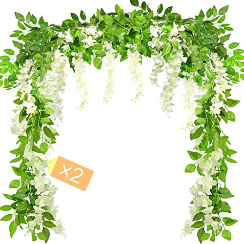 MOTONG Artificial Flowers Decoration, 2 Pcs (2M/7FT/Piecs) Fake Flowers Artificial Wisteria Vines, Artificial Vine Garland Plants Arts For Ceremony Home Garden Wedding Party Decoration(White)