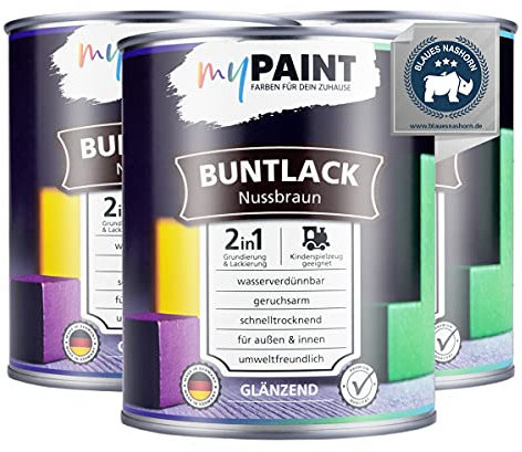 myPaint 2in1 Buntlack Glänzend (2,25L Nussbraun/Braun RAL 8011) – Wetterfeste Holzfarbe Holzlack & Küchenmöbellack. Getrocknet sicher für Kinderspielzeug. Für Innen & Außen