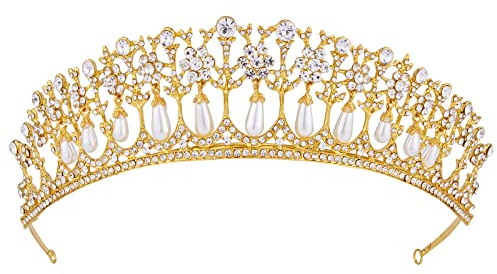 Wedding Tiara, Vofler Bride Pearl Crown - Gold Crystal Rhinestone Headband for Women Queen Ladies Flower Girls Bridal Birthday Pageant Prom Homecoming Halloween Princess Diana Costume Party