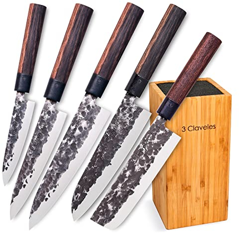 3 Claveles Lot de 5 couteaux professionnels de style japonais Gamme Osaka, lames uniques forgées à la main (5 x Osaka Plus)