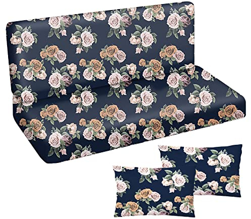 Auflage für Hollywoodschaukel 150x50x50 Gartenbankauflage und 2 Kissen Palettenauflage Bankauflage Sitzkissen und Rückenkissen Polsterauflage Matratze Gartenpolster Glatt Dunkelblau Rosen [133]
