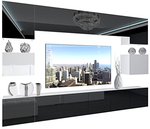 BELINI Wohnwand Schrankwand NEX 3 mit LED-Beleuchtung, Schwarz/Weiß | Vollausstattung Wohnzimmer-Set Moderne Schrankwand Anbauwand TV-Schrank