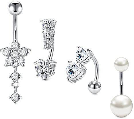 AVYRING 14G Pearl Belly Button Bars 10MM Stainless Steel Women Reverse Heart Navel Rings Belly Piercing Jewellery Banana Barbell Body Piercing Silver