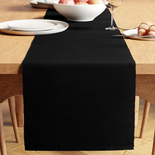 Encasa XO Tischläufer, Feinripp Baumwolle, Modern 13x79 | Tiefes Schwarz, Maschinenwaschbar | Garngefärbt, Formstabil | Langlebig & Pflegeleicht | Tischdeko Esstisch & Küche