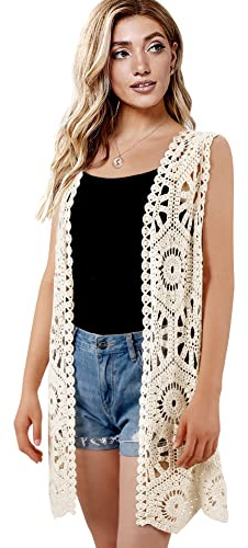 SMDPPWDBB Womens Floral Crochet Lace Boho Trim Sleeveless Open Front Vest Cardigan, Beige-020, One size