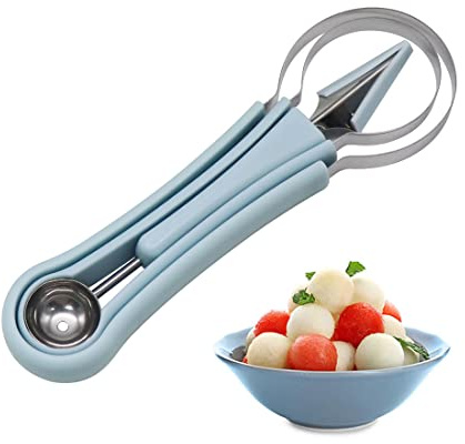 Tqswdmb Melon Baller Scoop Set, Professional 4 In 1 Stainless Steel Watermelon Cutter Fruit Carving Tools Set, Fruit Scooper Seed Remover Watermelon Knife for Vegetable, Salad, Ice Cream (Blue)