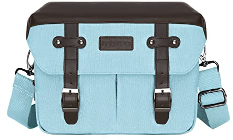 MOSISO Camera Case Crossbody Shoulder Messenger Bag, DSLR/SLR/Mirrorless Photography Vintage PU Leather Flap Gadget Bag with Rain Cover Compatible with Canon/Nikon/Sony Camera and Lens, Air Blue