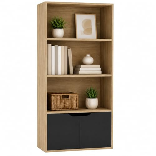 URBNLIVING Bücherregal mit 4 Etagen, breit, aus Holz, mit 2 Türen, Aufbewahrungsregal, Vitrine, Schrank, Eiche mit schwarzen Türen