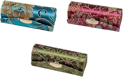 WiiAiloo Classic Woven Satin Lipstick Holder - Ladies Retro Floral Lipstick Case Holder Organiser with Makeup Mirror - Cosmetic Storage Kit for Women & Girls (3 Pcs Random Colors)