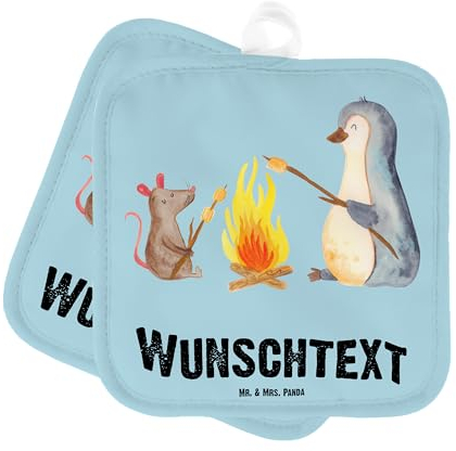 Mr. & Mrs. Panda Personalisierte Topflappen Pinguin Lagerfeuer - Geschenke, Arbeit, Liebe, Job, Maus, Topfhandschuhe personalisiert, Bedrucken, selbst gestalten