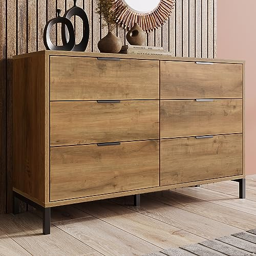 BTM Chest of Drawers Bedroom, Chest of Drawers with 6 Drawers, Dark Oak, 40D x 120W x 76H centimetres