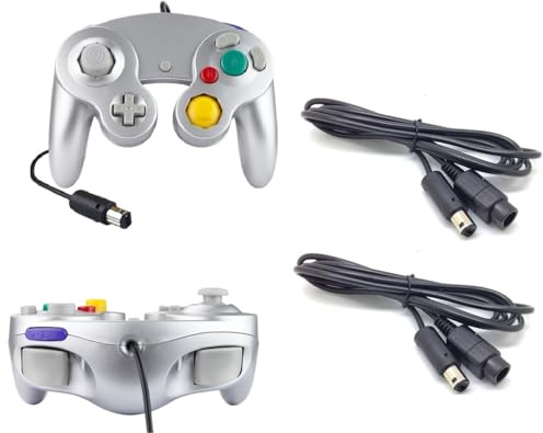 Lot de 2 manettes argentées + câble d'extension pour Nintendo Game Cube Manette Silver GC Extension Extansion Nintendo Wii Cable