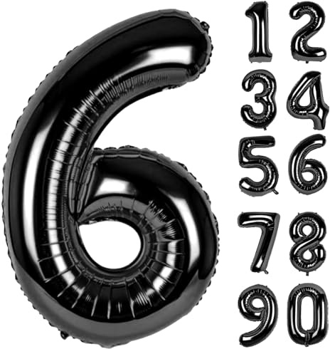 LAPONO Zahlen Luftballon 6 Schwarz, Folienballon Zahl 86 × 60 cm, Helium Geeignet mit Aufblashalm, Selbstschließendes Ventil, Geburtstag Deko Party Foto für 6 16 60 Jahre, Jubiläum Tischdeko